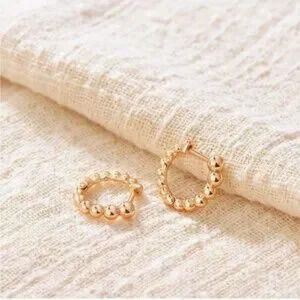 GOLD 14k Gold Plated Beaded Hoop Earrings Gift Minimalist - Picture 2 of 3